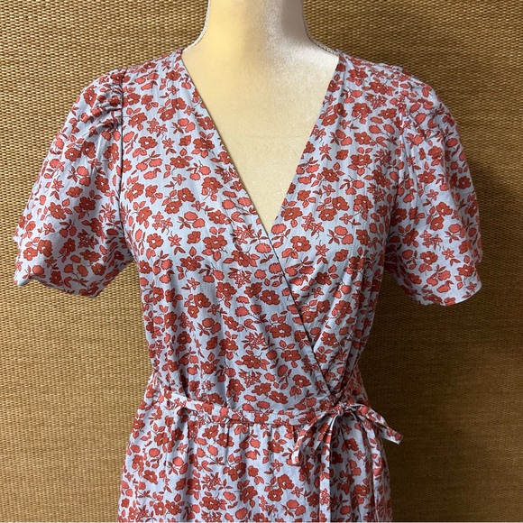 Madewell Dress Women's Medium Blue Burnt Orange Floral Wrap - Picture 2 of 12